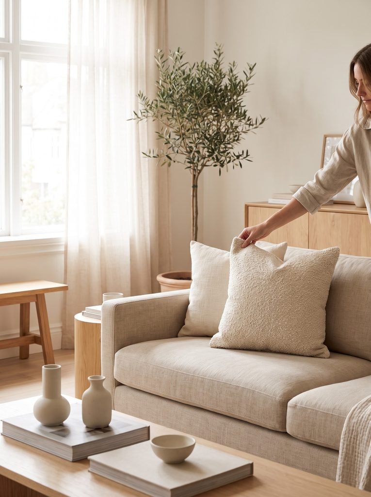 Woman doing a quick 15-minute room refresh in a bright living room