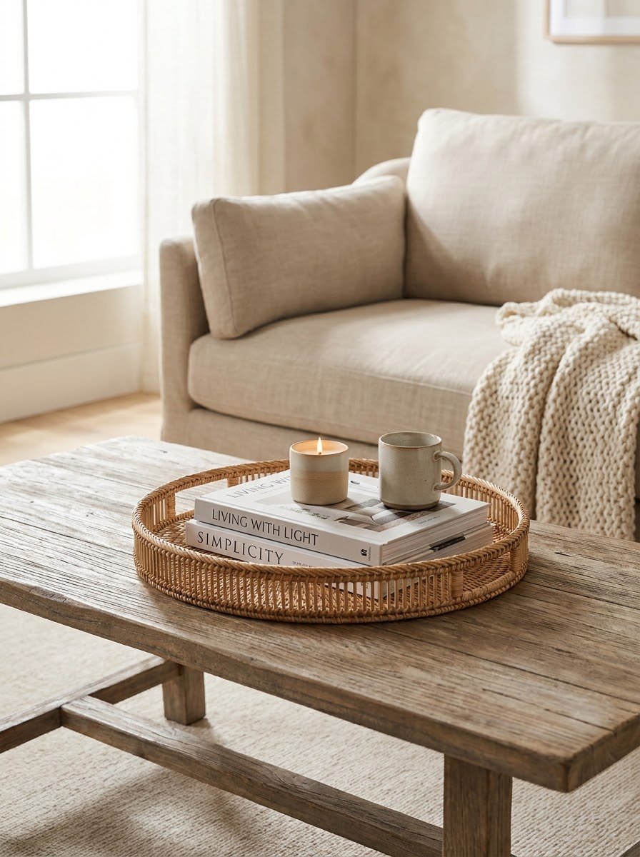 Coffee table styled with tray and books for a fast living room refresh