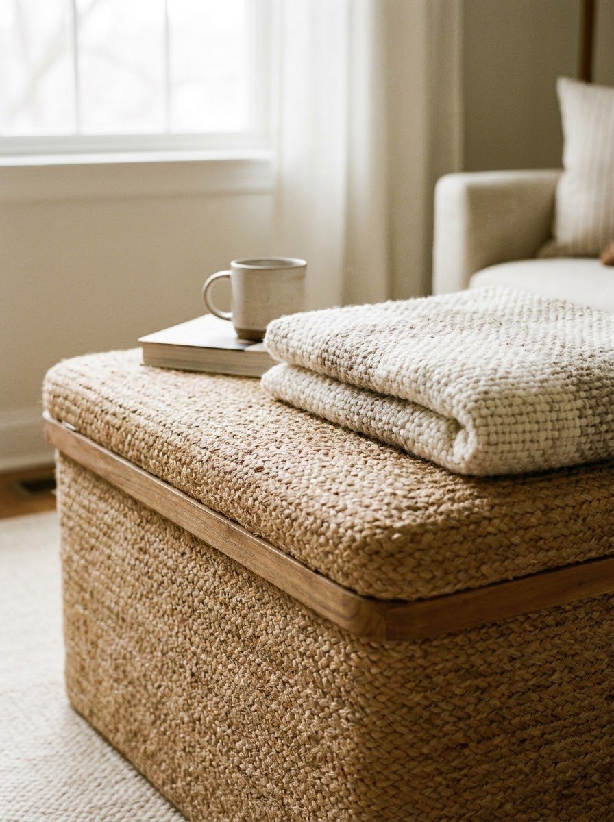 Storage ottoman in a small living room furniture arrangement