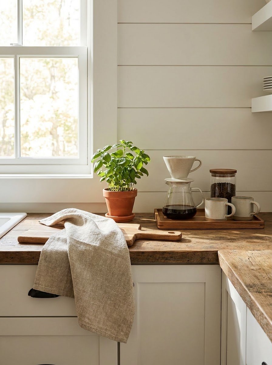 Quick kitchen refresh with tidy counter and potted herb