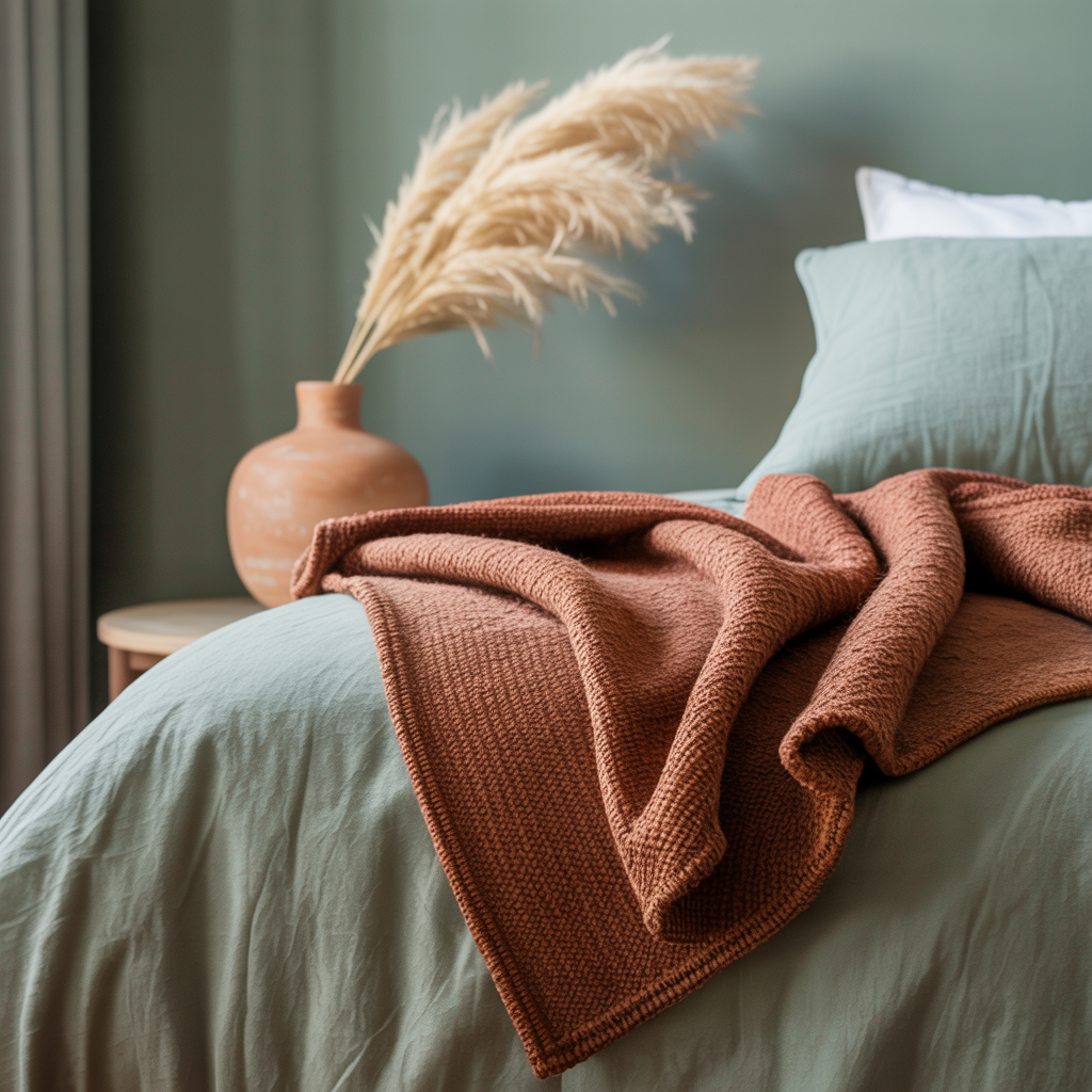 Gray-green bedroom wall paired with warm terracotta accents and brass hardware