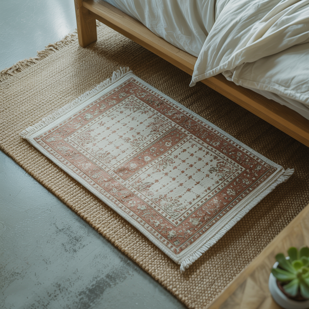Layered jute and patterned rugs styled together on a bedroom floor