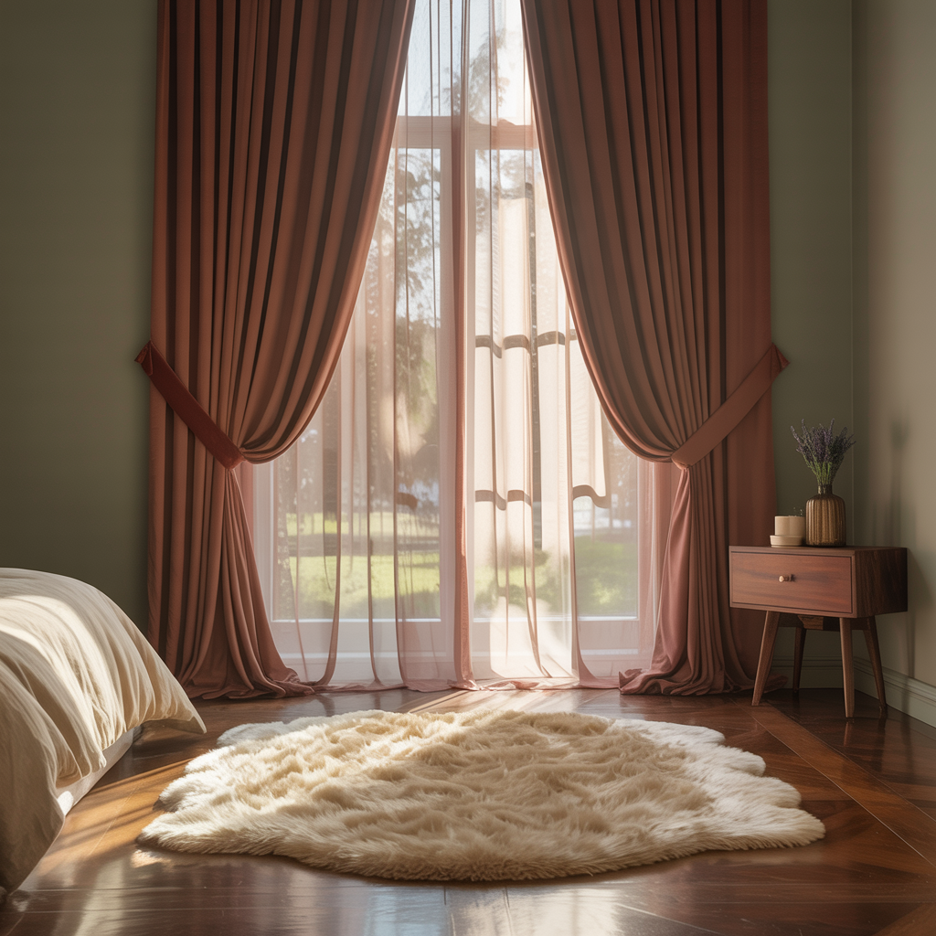 Floor-to-ceiling curtains framing a window in a gray-green bedroom