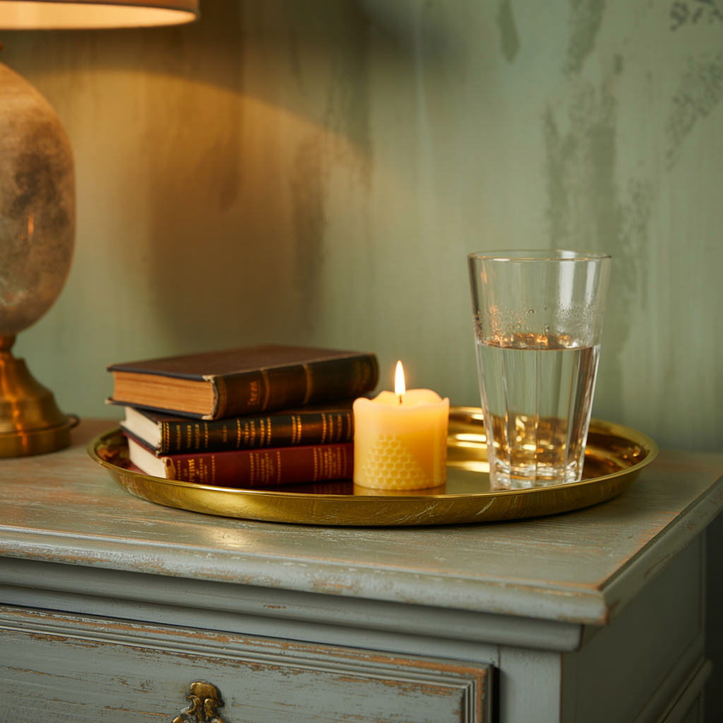 Styled nightstand tray with candle and decor pieces in a gray-green bedroom