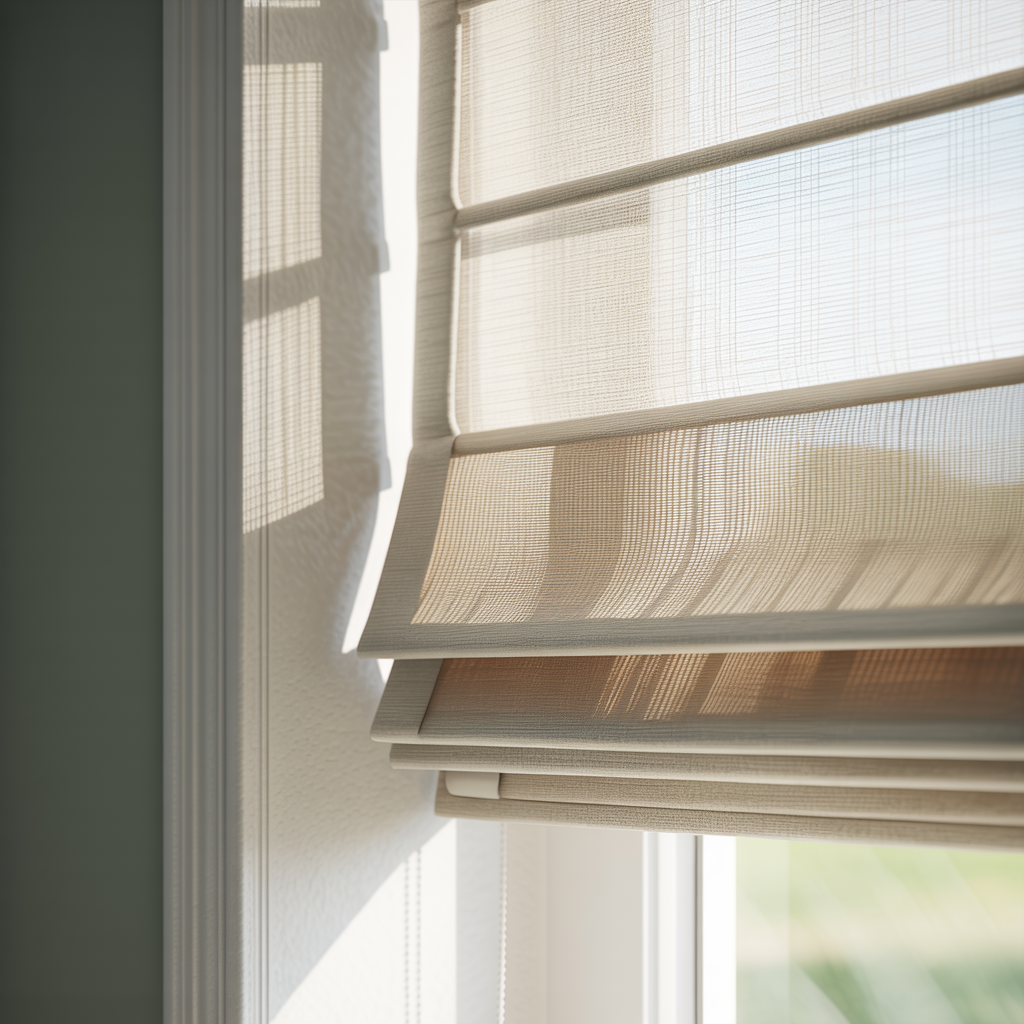 Tailored Roman shades dressing a window in a gray-green bedroom