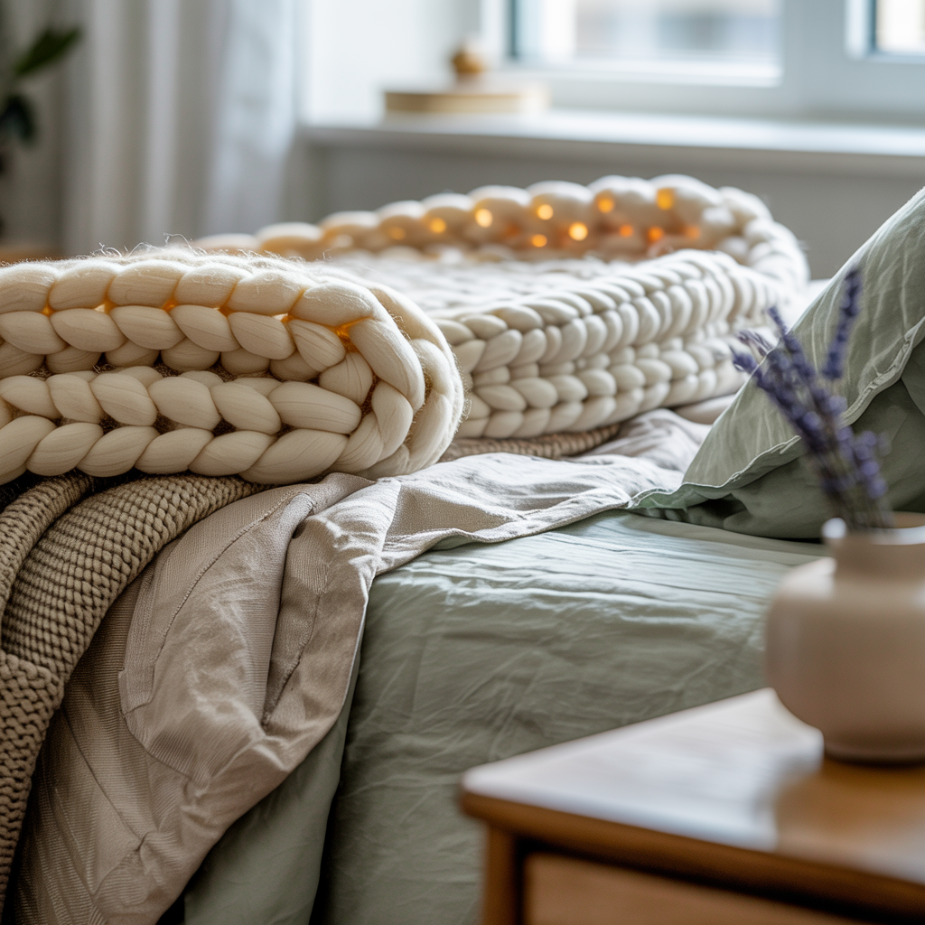 Seasonal throw blanket layered on a bed in a gray-green bedroom