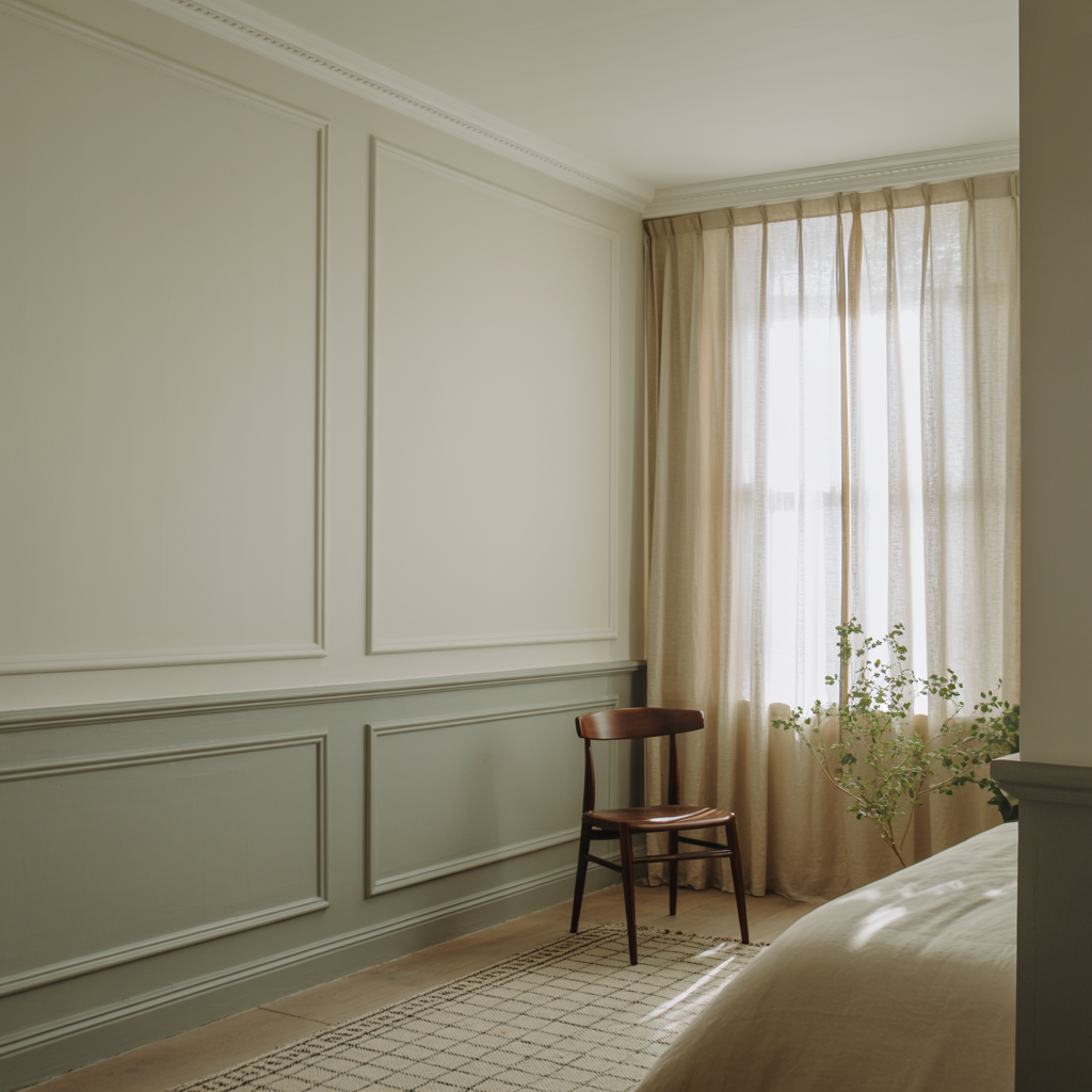 Wainscoting trick used to add architectural interest in a small gray-green bedroom
