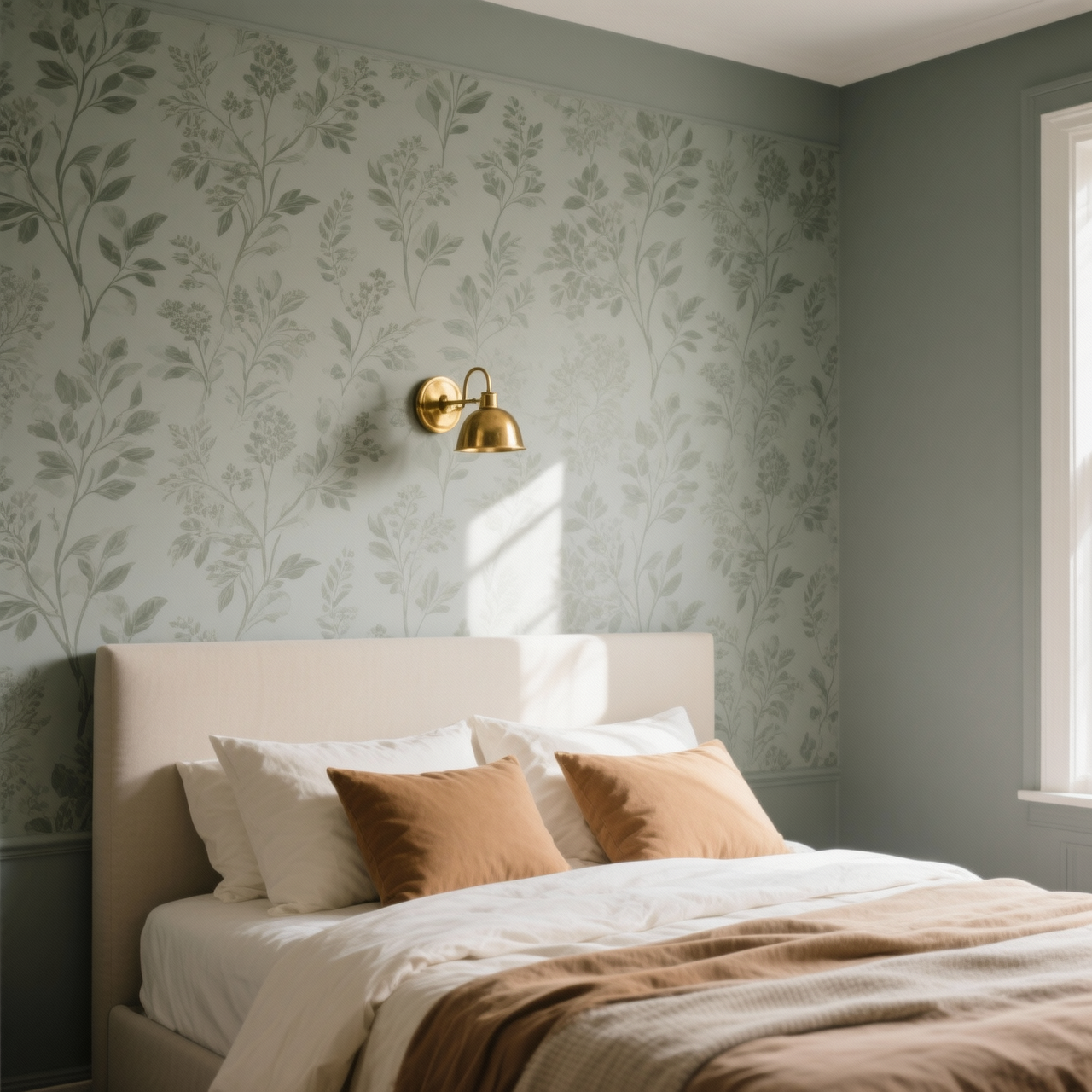Patterned gray-green wallpaper used as a statement headboard wall in a bedroom