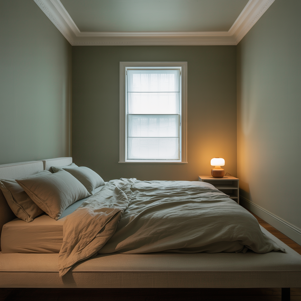 Bedroom ceiling painted gray-green as a fifth-wall design detail