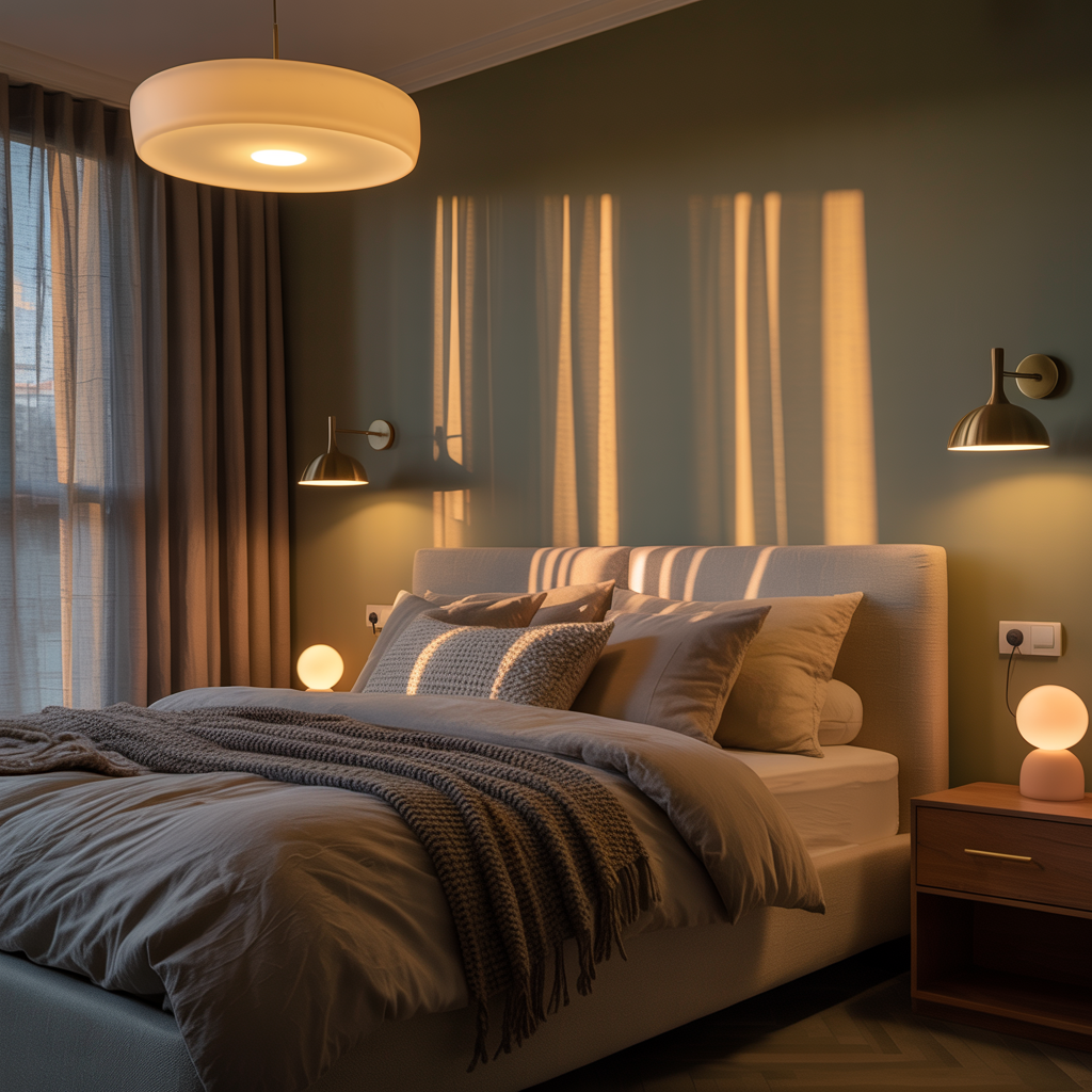 Layered lighting design with sconces and lamps in a gray-green bedroom