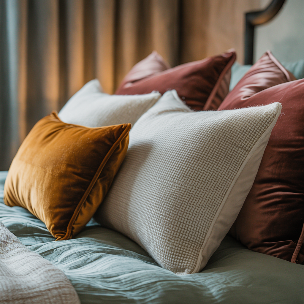 Velvet and bouclé textured pillows styled on a bed in a gray-green bedroom