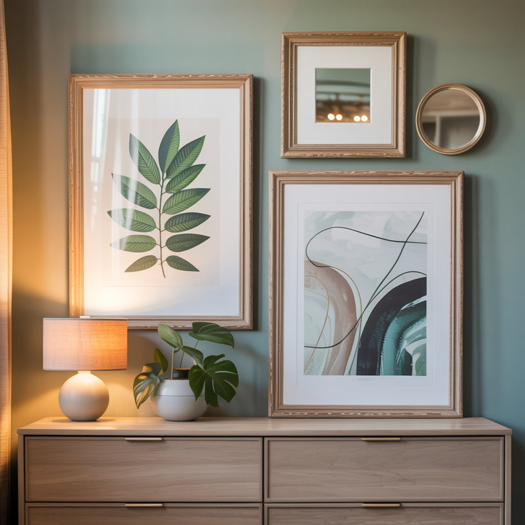 Curated gallery wall of framed art above a bed in a gray-green bedroom