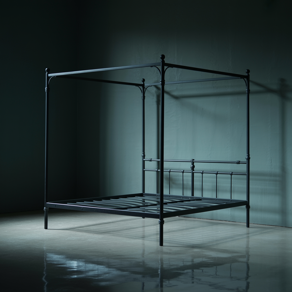 Four-poster canopy bed as the focal point of a gray-green bedroom