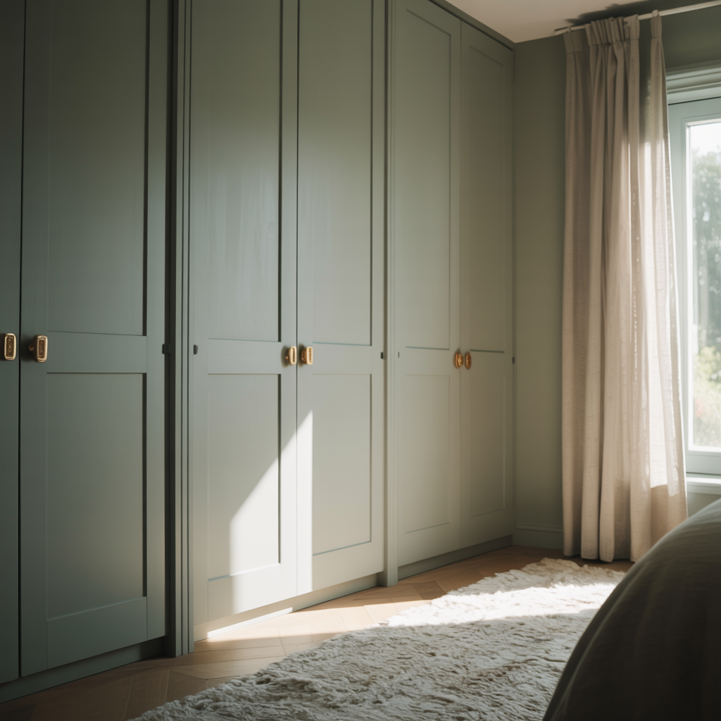 Closet doors painted to match gray-green bedroom walls for a seamless look