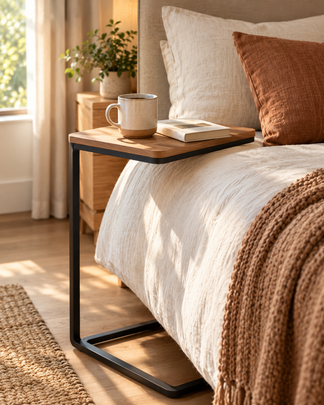 C-shaped side table used instead of a nightstand next to a small bed