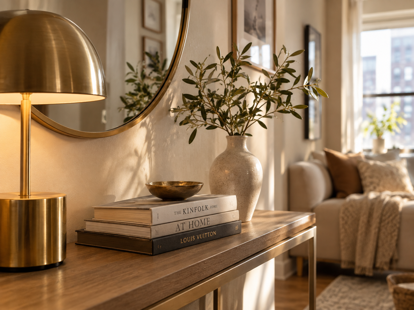 Small apartment decor ideas: styled console table vignette