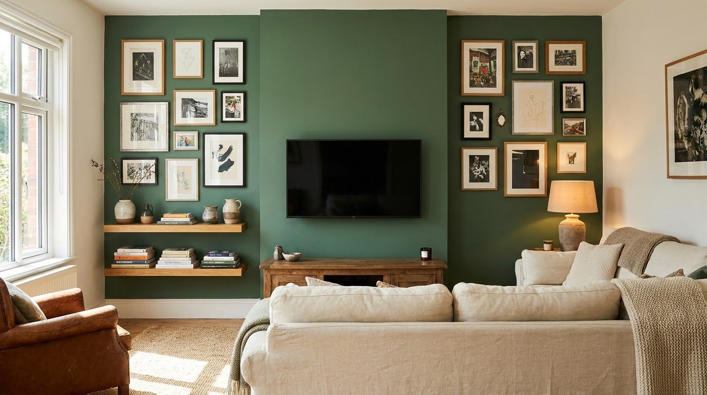 TV decorative ideas: living room with TV on a deep green wall framed by art and shelves