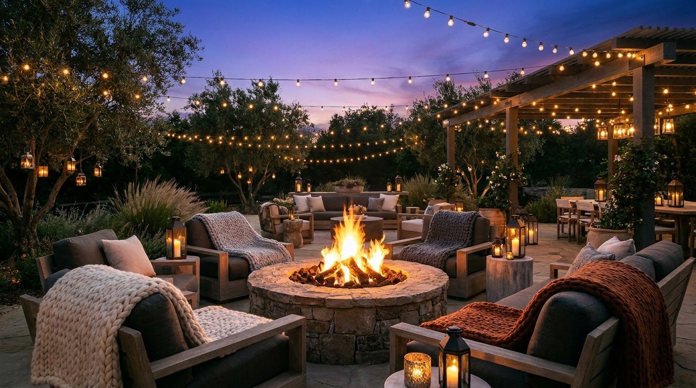 Outdoor space at dusk with layered warm lighting, cozy seating, and a fire feature for a vacation feel
