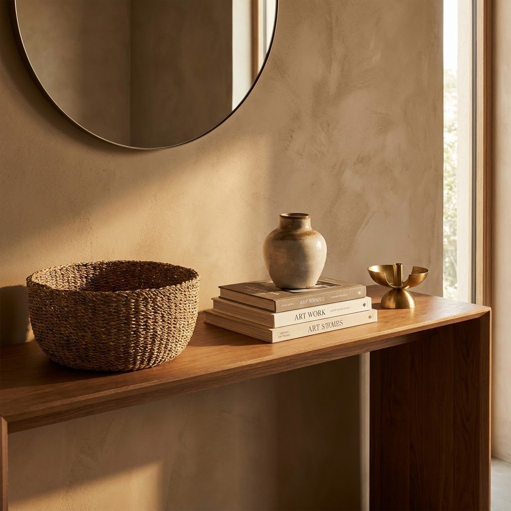 Styled media console with lamp, books, and plant beside a TV