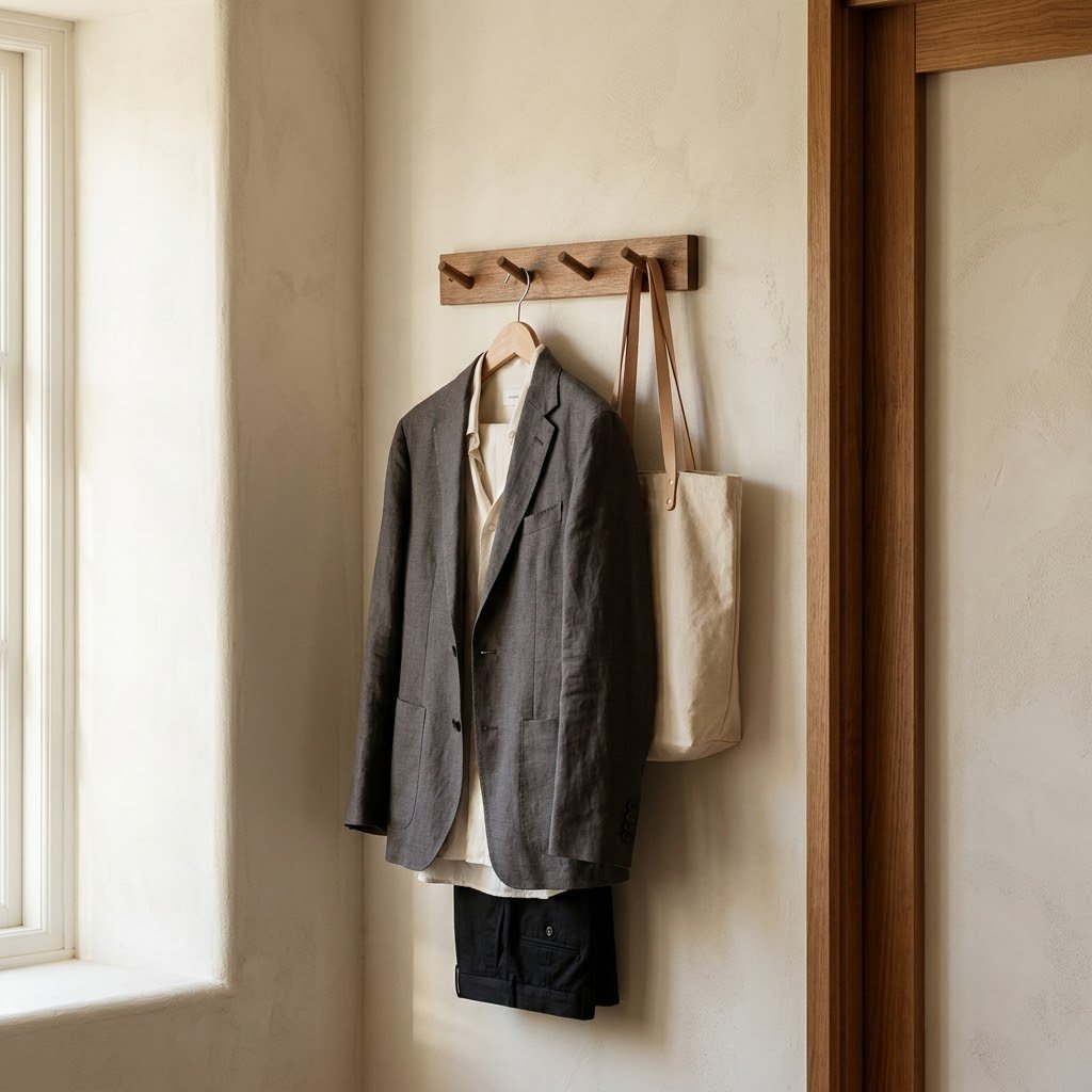 Wall-mounted outfit station for quick morning routines in a busy mom's bedroom