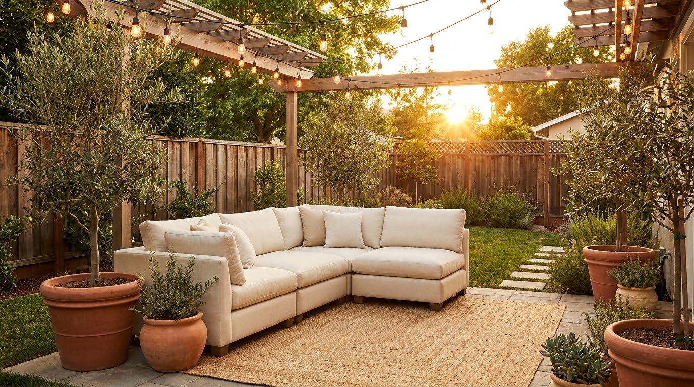 Backyard outdoor space styled like a vacation retreat with deep seating, warm string lights, and potted plants